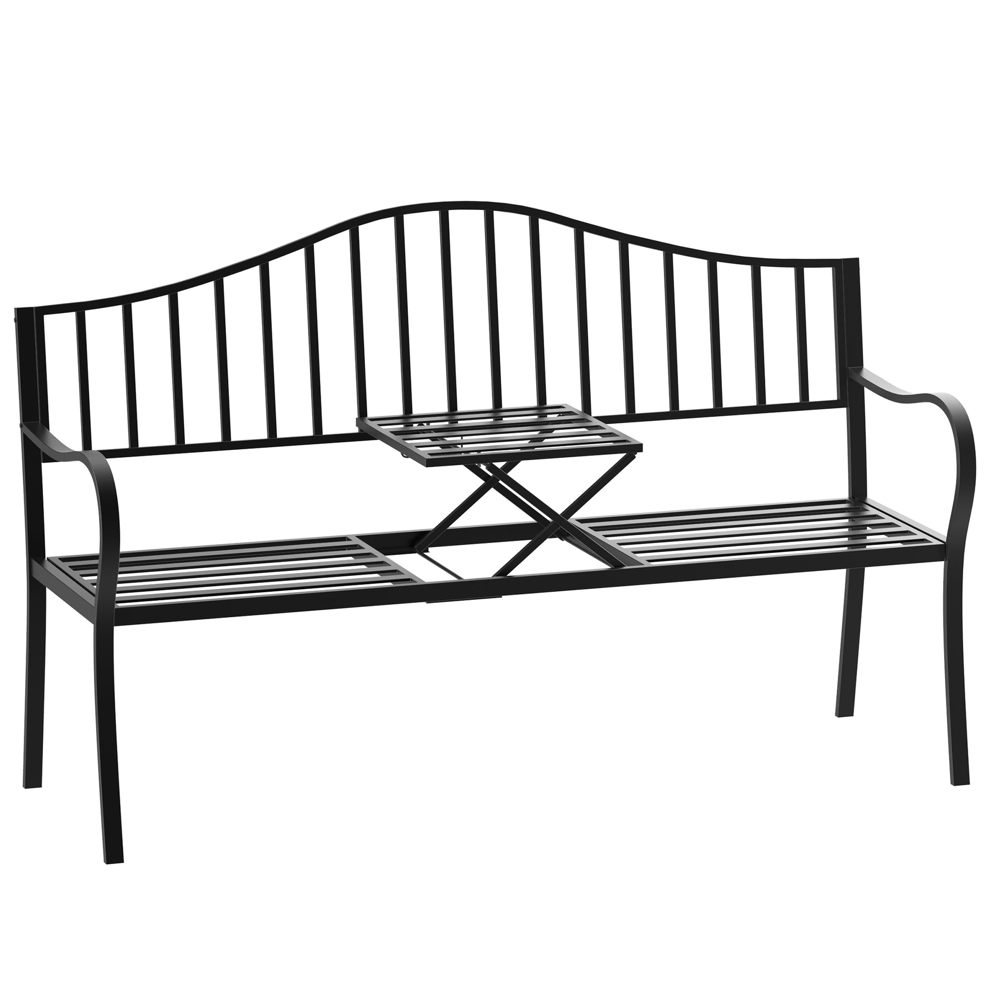 Outdoor Bench with Retractable Middle Table, Metal Frame Patio Loveseat with Slatted Seat and Backrest, Curved Armrests,