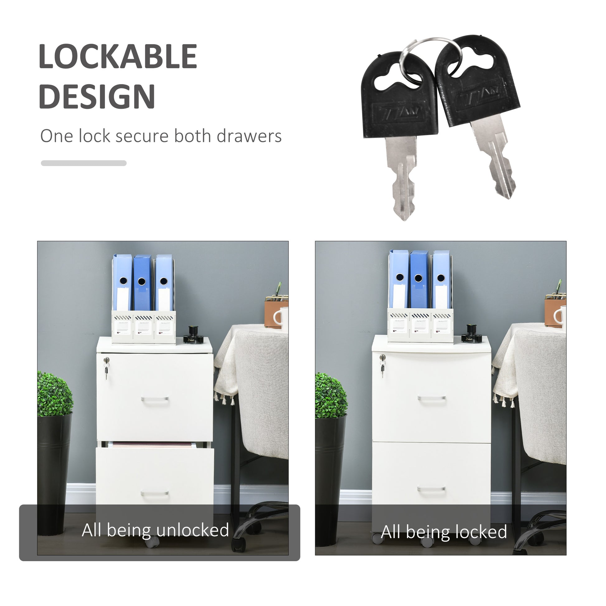 2 Drawer File Cabinet with Lock, Small Rolling Filing Cabinet for A4, Letter-Size Documents, Printer Stand for Home Offi