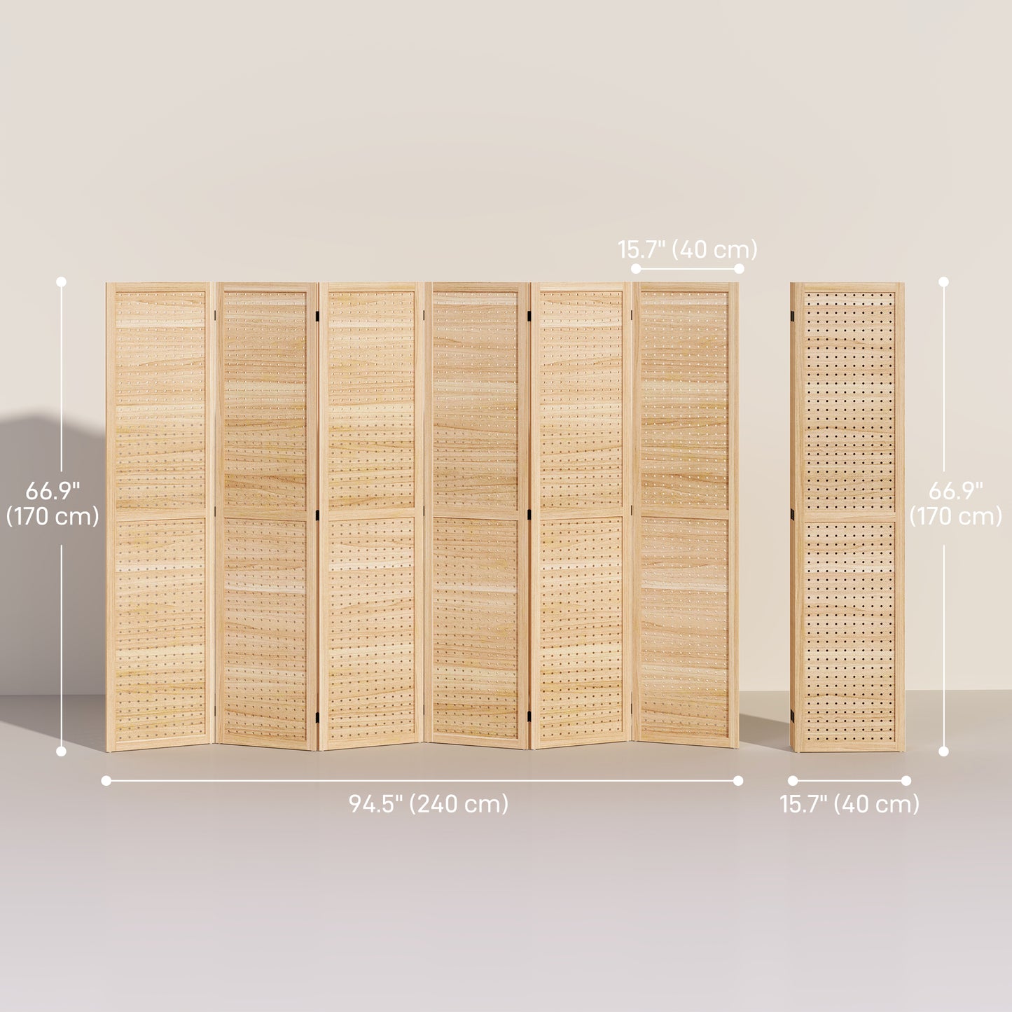 5.6 Ft. Tall 6-Panel Room Divider, Pegboard Panel Freestanding Folding Privacy Screen Panels, Partition Wall Divider for