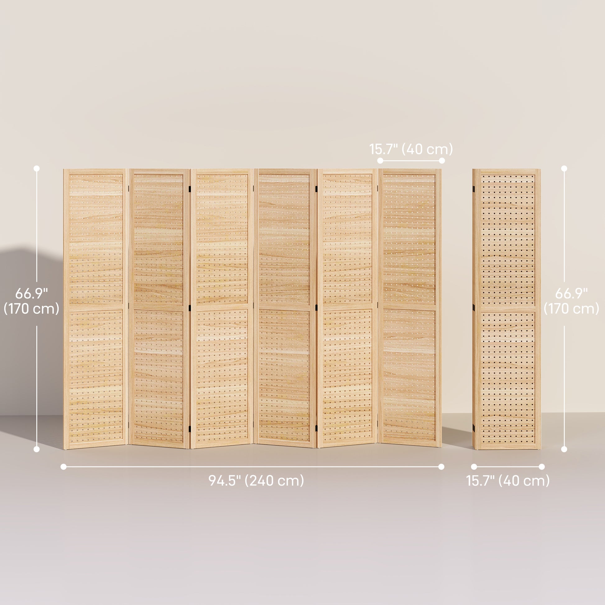 5.6 Ft. Tall 6-Panel Room Divider, Pegboard Panel Freestanding Folding Privacy Screen Panels, Partition Wall Divider for