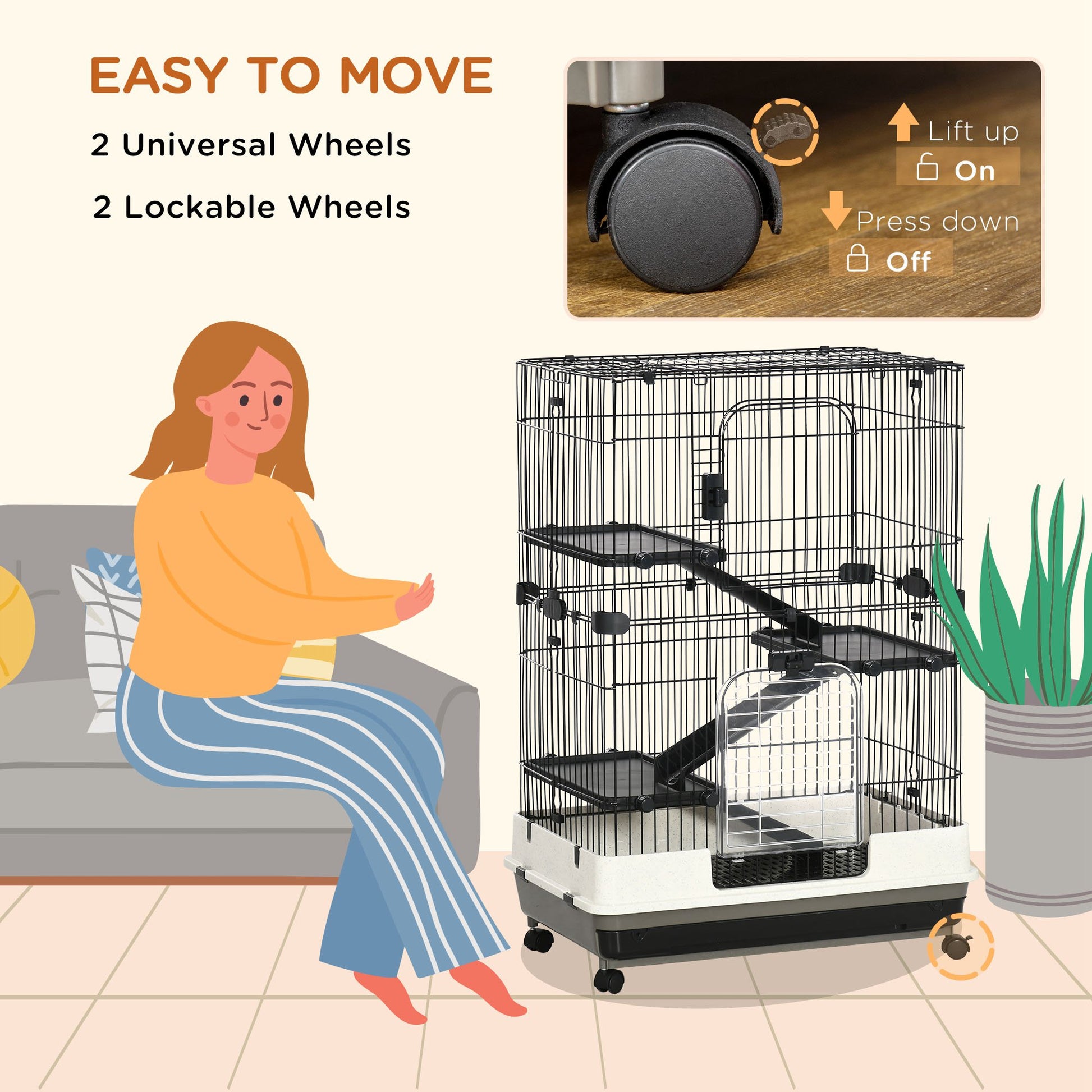 45"H Guinea Pig Cage, 4-Level Rabbit Cage for Ferret, Chinchilla, Hedghog, Bunny, Small Animal Habitat with Wheels, Slid