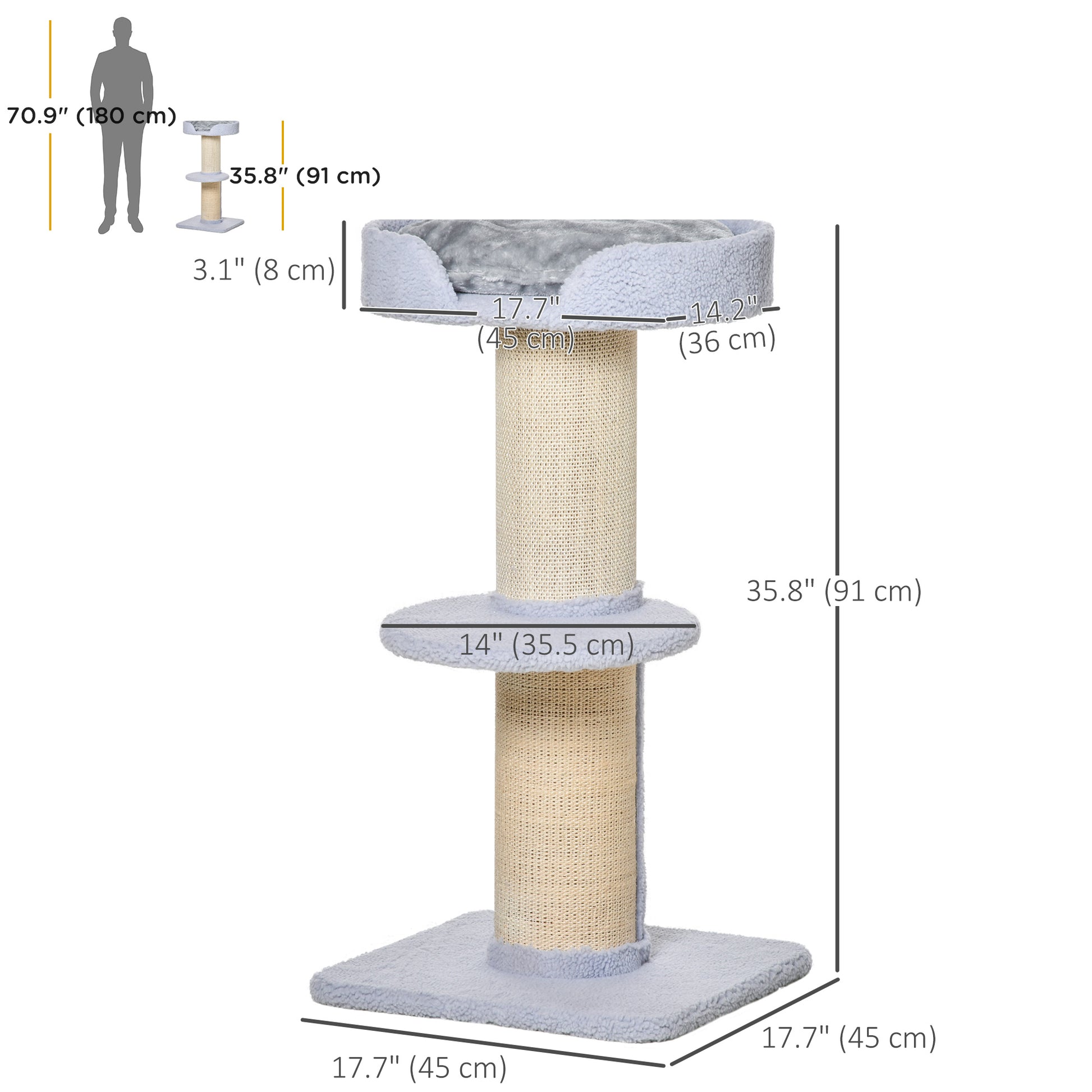 Cat Tree Kitty Tower with Sisal Mat Scratching Post, Cat Bed, Cushion, Perch, 18" x 18" x 36",  Light Blue