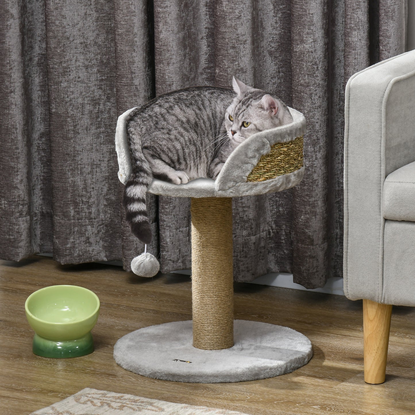Cat Tree with Scratching Post, Toy Ball, Perch, Small Cat Tower for Indoor Cats - 16" x 16" x 19", Grey