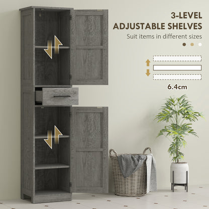 67" Tall Bathroom Cabinet, Narrow Bathroom Storage Cabinet with Drawer, Barn Doors and Adjustable Shelves, Dark Grey