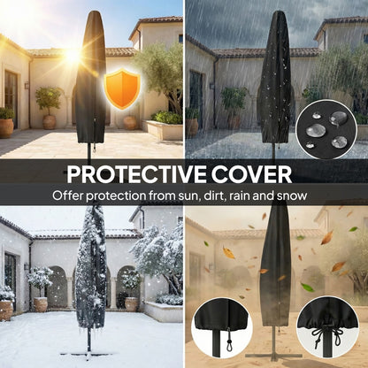 9.7ft Solar LED Cantilever Patio Umbrella with 32 LED Lights, Cross Base, Crank Handle, for Poolside, Deck, Dark Blue