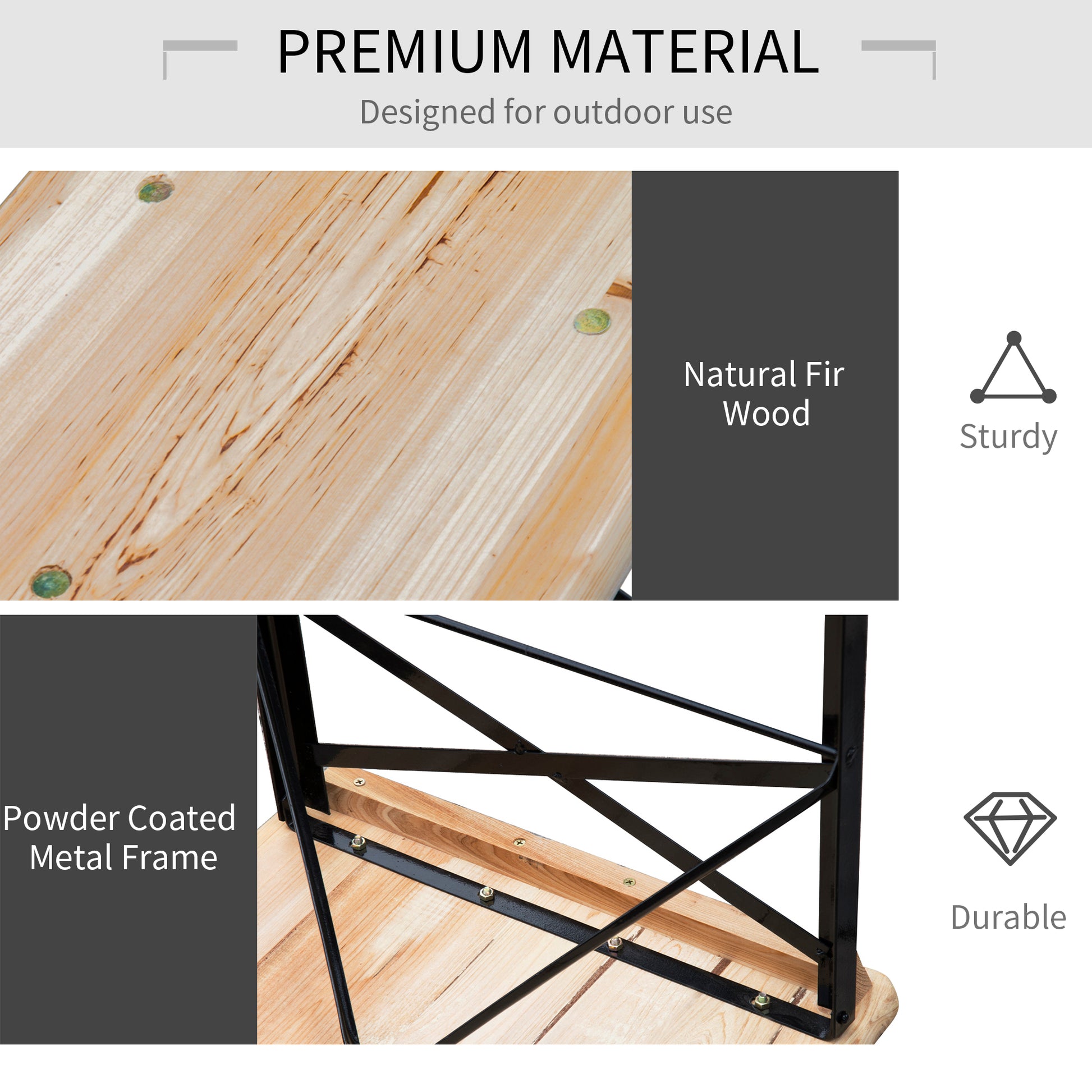 3 Pieces Folding Picnic Table Set, Portable Folding Picnic Table and Benches with Steel Frame for Garden, Park, Natural 