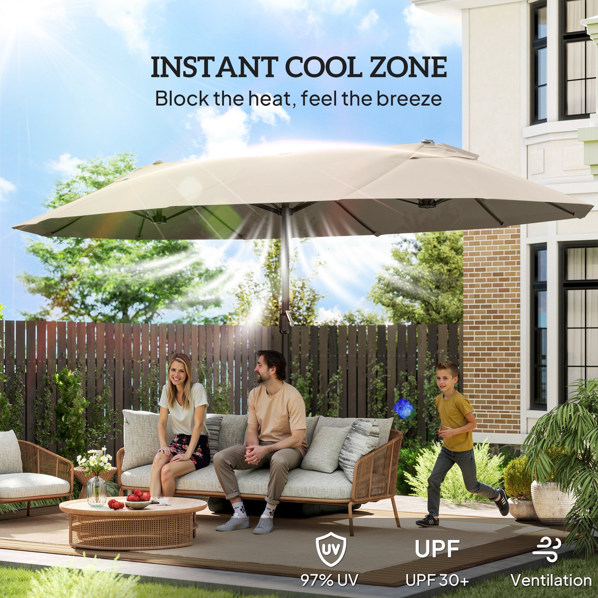 15 ft Double-Sided Patio Umbrella with Crank, Cross Base and Sandbag - Khaki - Image 4