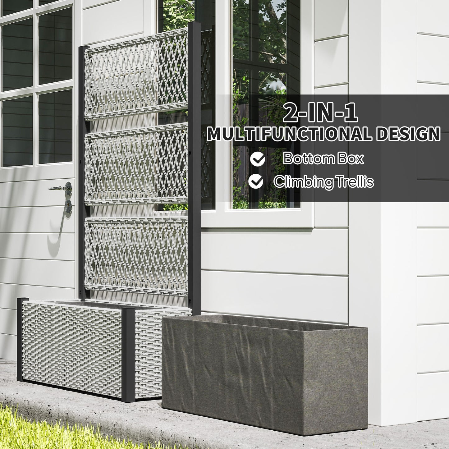 Wicker Outdoor Planter with Trellis, 58" Standing Garden Bed with Liner, Drainage Holes for Climbing Plants, Mixed Grey