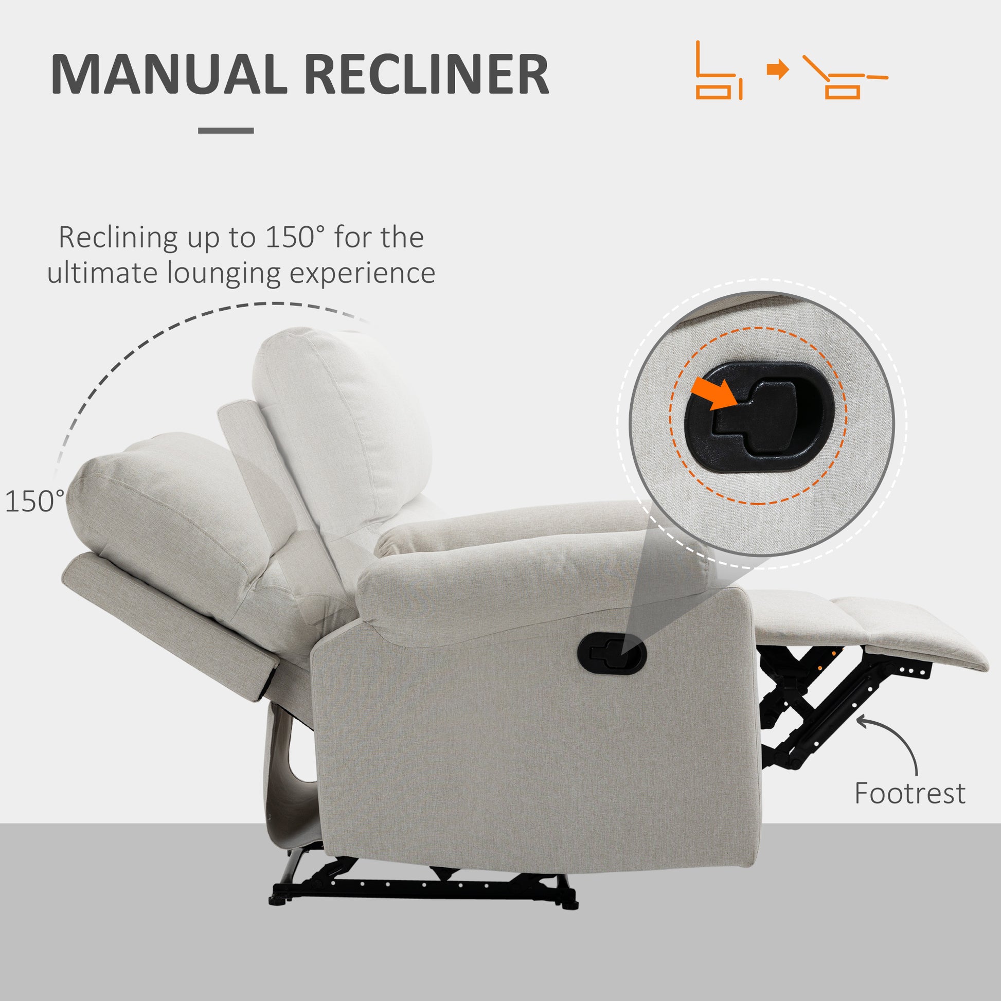Recliner Chair, Manual Reclining Chair with Footrest, Padded Seat for Living Room, Bedroom, Study, Cream White