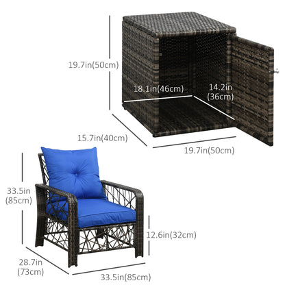 3 Pieces Wicker Patio Furniture Set, Rattan Bistro Set with Storage Coffee Table and Thickened Cushions, Outdoor Convers