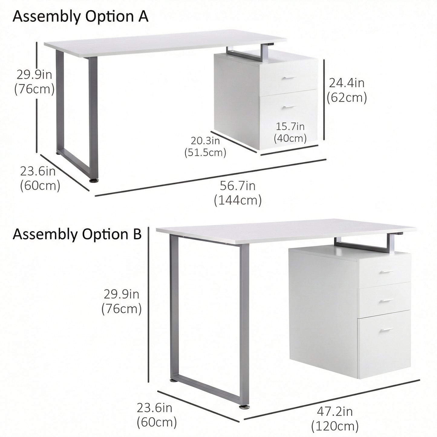 47" Computer Desk Writing Table Workstation with Multi-Use Reversible File Drawers Metal Frame Home Office Furniture, Wh