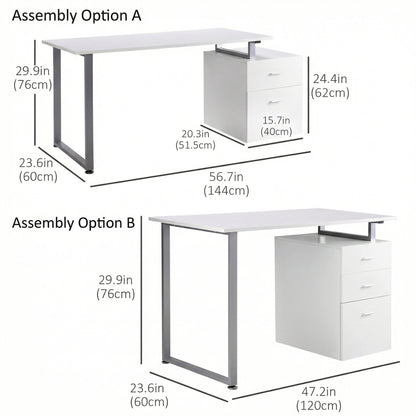 47" Computer Desk Writing Table Workstation with Multi-Use Reversible File Drawers Metal Frame Home Office Furniture, Wh