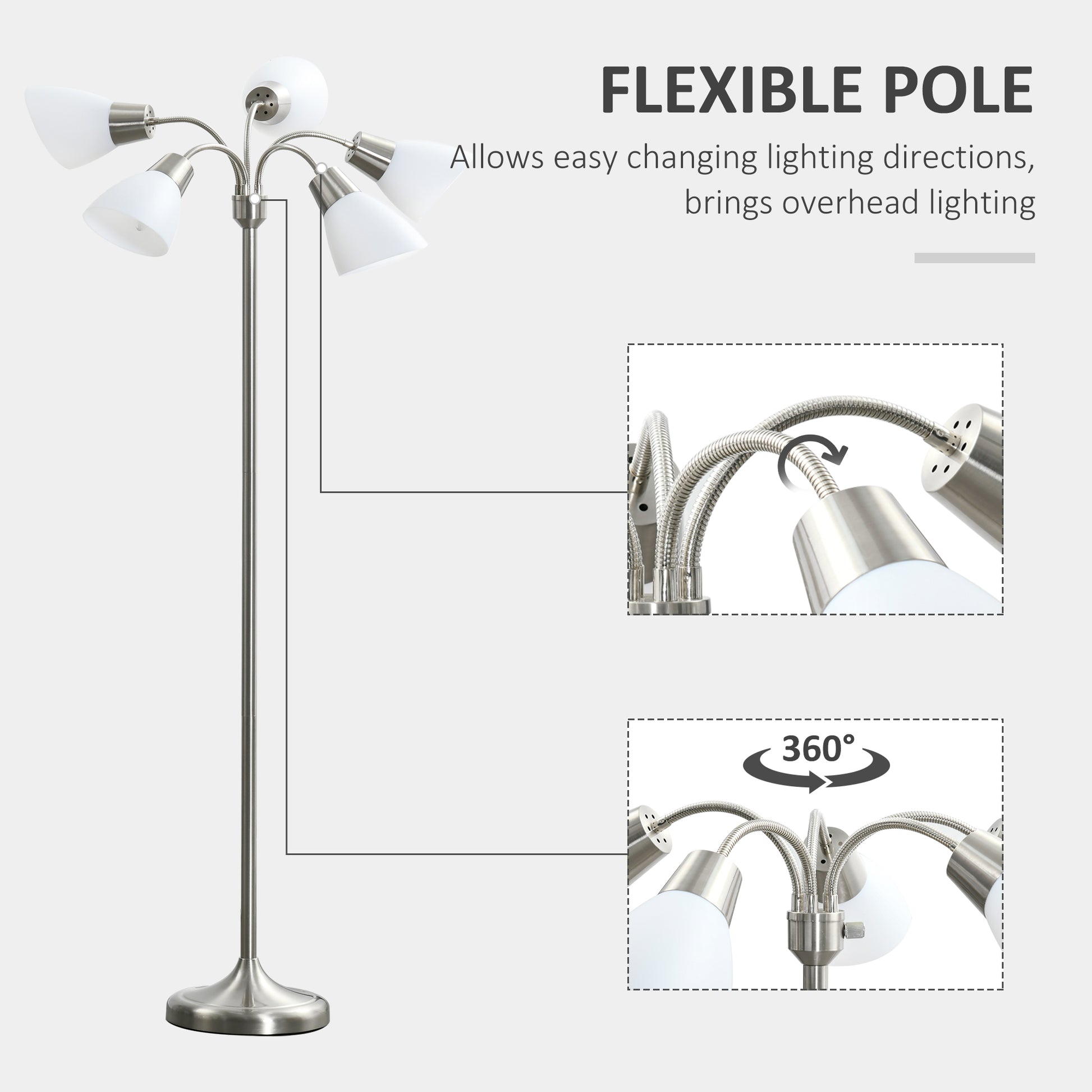Arc Tree Floor Lamp with 5 Adjustable Rotating Lights, Modern Standing Gooseneck Reading Light for Living Room Bedroom O
