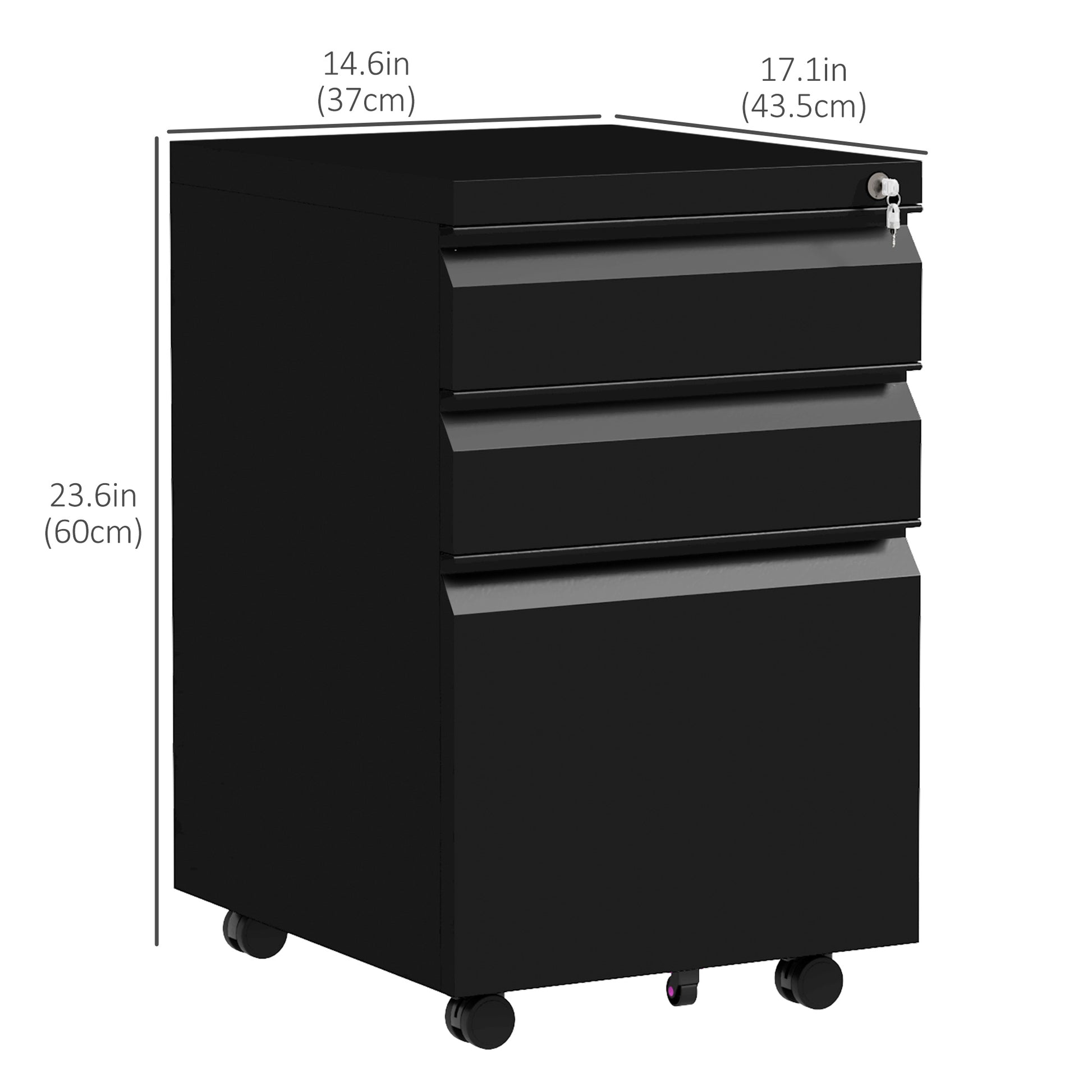 3 Drawer File Cabinet with Lock, Steel Vertical Filing Cabinet with 5 Wheels and Hanging Bar for A4/Legal/Letter, Home O