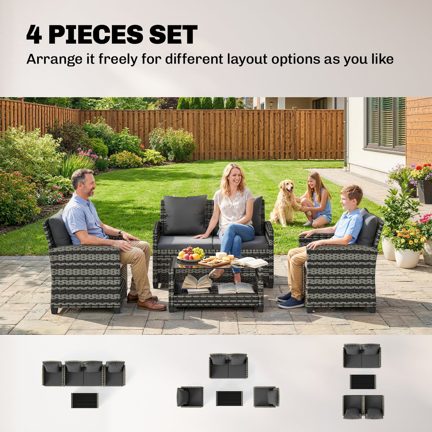 4-Piece Outdoor Wicker Patio Furniture Conversation Set, Includes Loveseat, Chairs and 2-Tier Table with Cushions, Moder