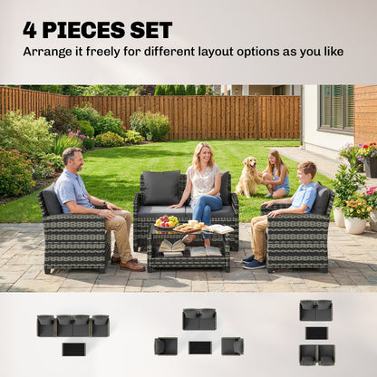 4-Piece Outdoor Wicker Patio Furniture Conversation Set, Includes Loveseat, Chairs and 2-Tier Table with Cushions, Moder