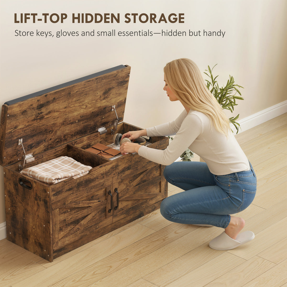 Shoe Storage Bench, Entryway Bench with 2-Tier Cabinet, Flip-Top Storage, Padded Cushion for Hallway, Rustic Brown