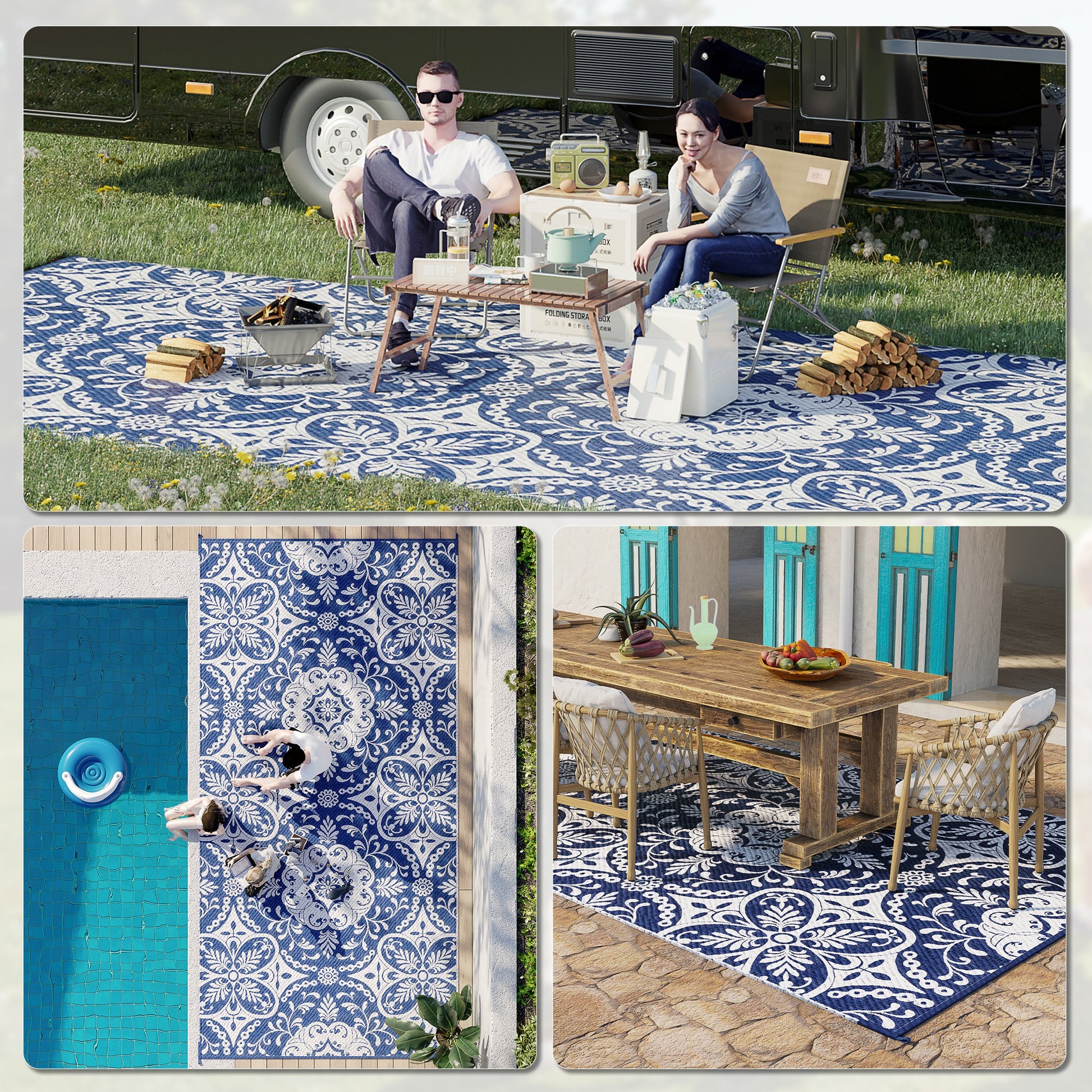 Portable Outdoor Rug with Carry Bag, 9' x 18' Reversible Mat, Waterproof Plastic Straw RV Rug for Backyard, Deck, Picnic