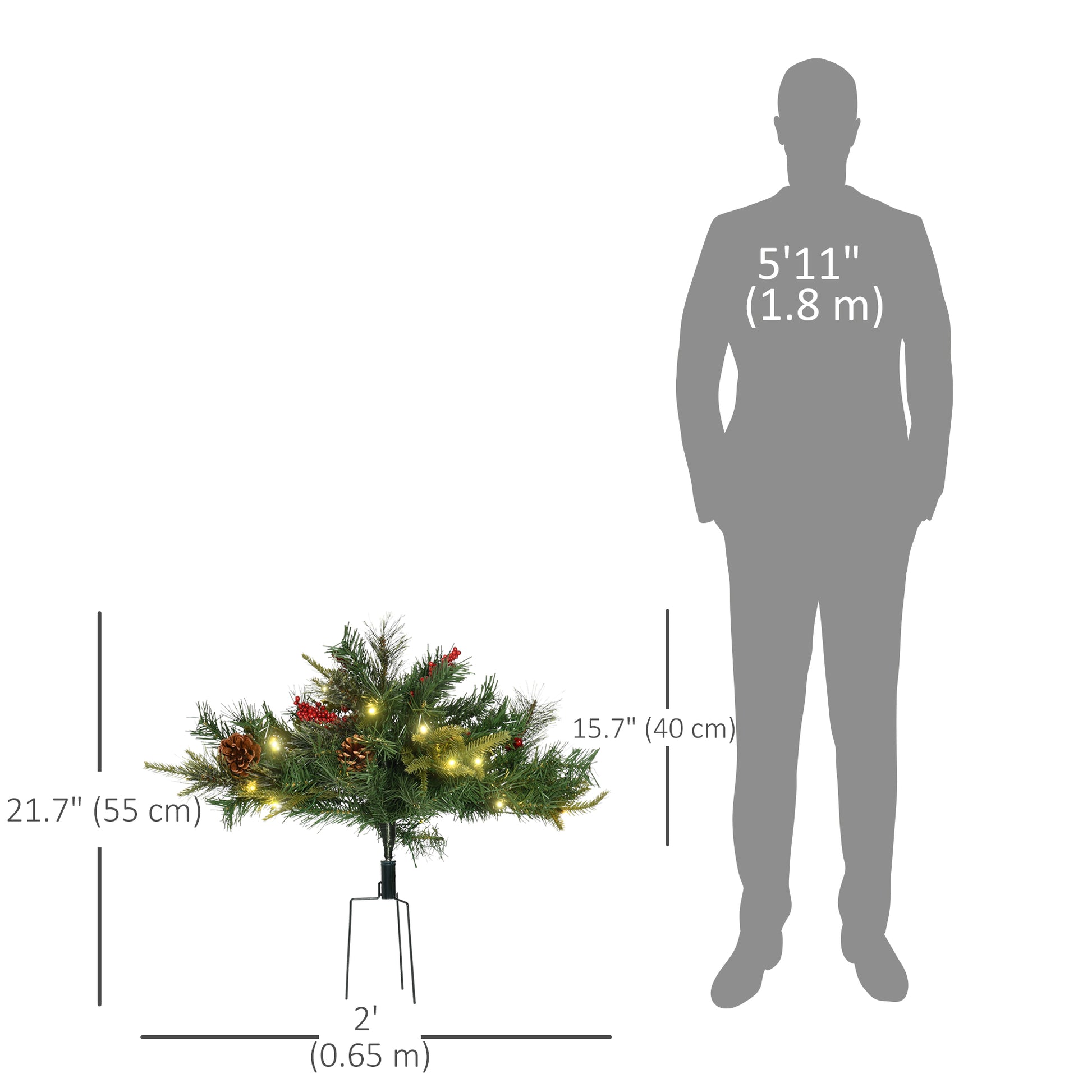 1.5 Foot/16 inch 2 Pack Prelit Artificial Christmas Tree Cordless with 69 Branches, Warm White LED lights, Red Berries, 