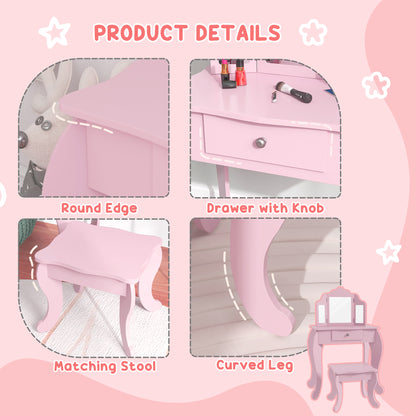 Qaba Kids Vanity Table and Stool, Makeup Vanity Girls Dressing Table Set with Tri-folding Mirrors Drawer Star and Heart 