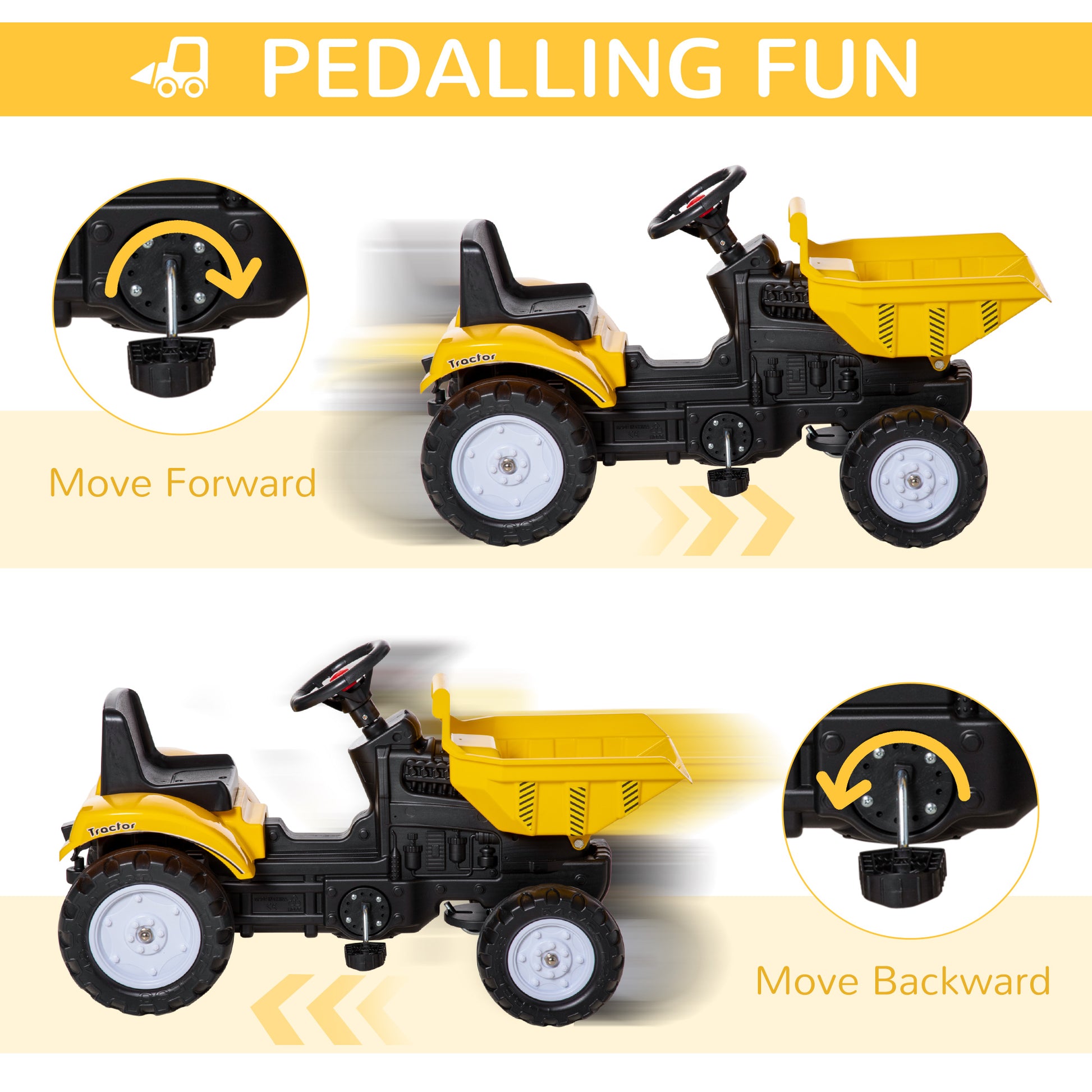 VarietyKart Ride on Toy Dump Truck for Kids, Pedal Construction Car with Detachable Trailer for 3 Years Old, Yellow