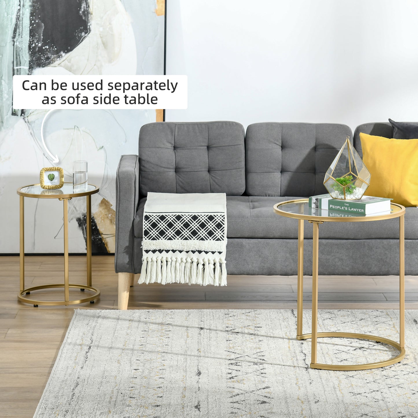 Set of 2 Nesting Coffee Tables with Metal Base, Round Side Table with Tempered Glass Tabletop for Living Room, Bedroom, 