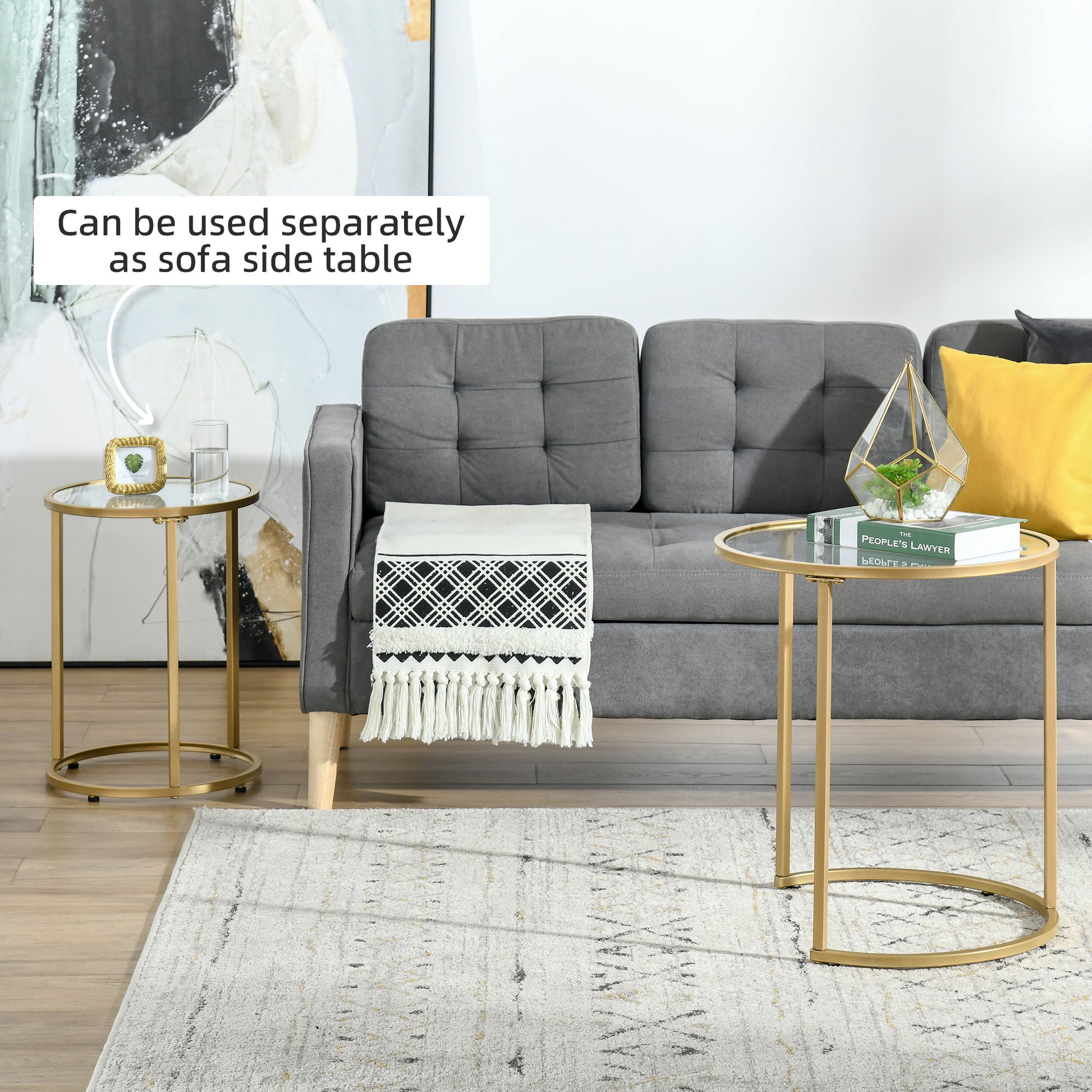 Set of 2 Nesting Coffee Tables with Metal Base, Round Side Table with Tempered Glass Tabletop for Living Room, Bedroom, 