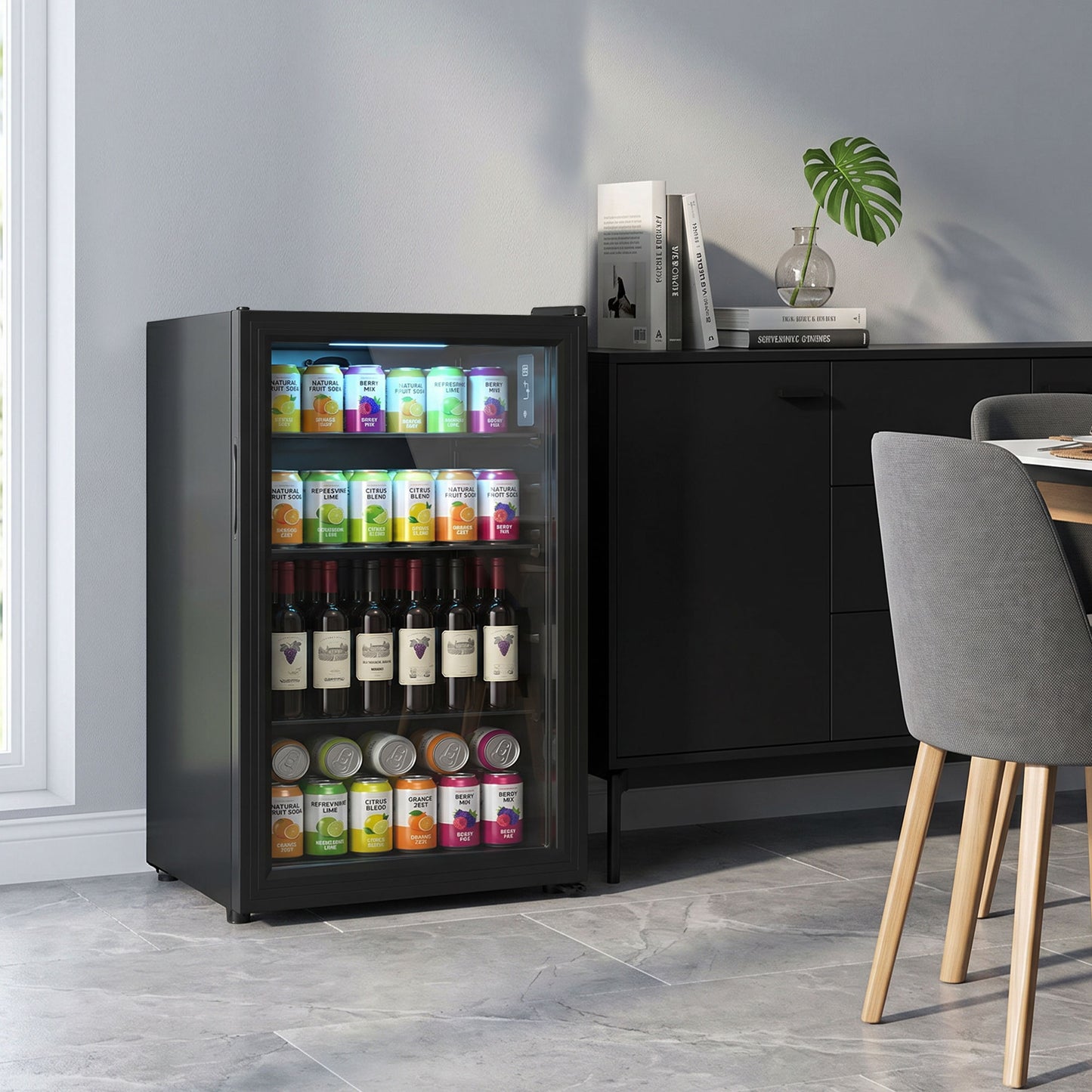 3.2 Cu.Ft Beverage Fridge, 128 Can Drink Fridge with Glass Door, Auto-Defrost and LED Light for Soda, Beer, Black