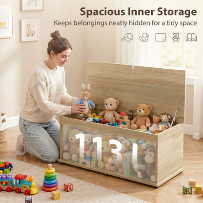 39.5" Storage Chest with 2 Safety Hinges, Storage Box Organizer with Flip-Top Lid, Entryway Storage Bench, Oak