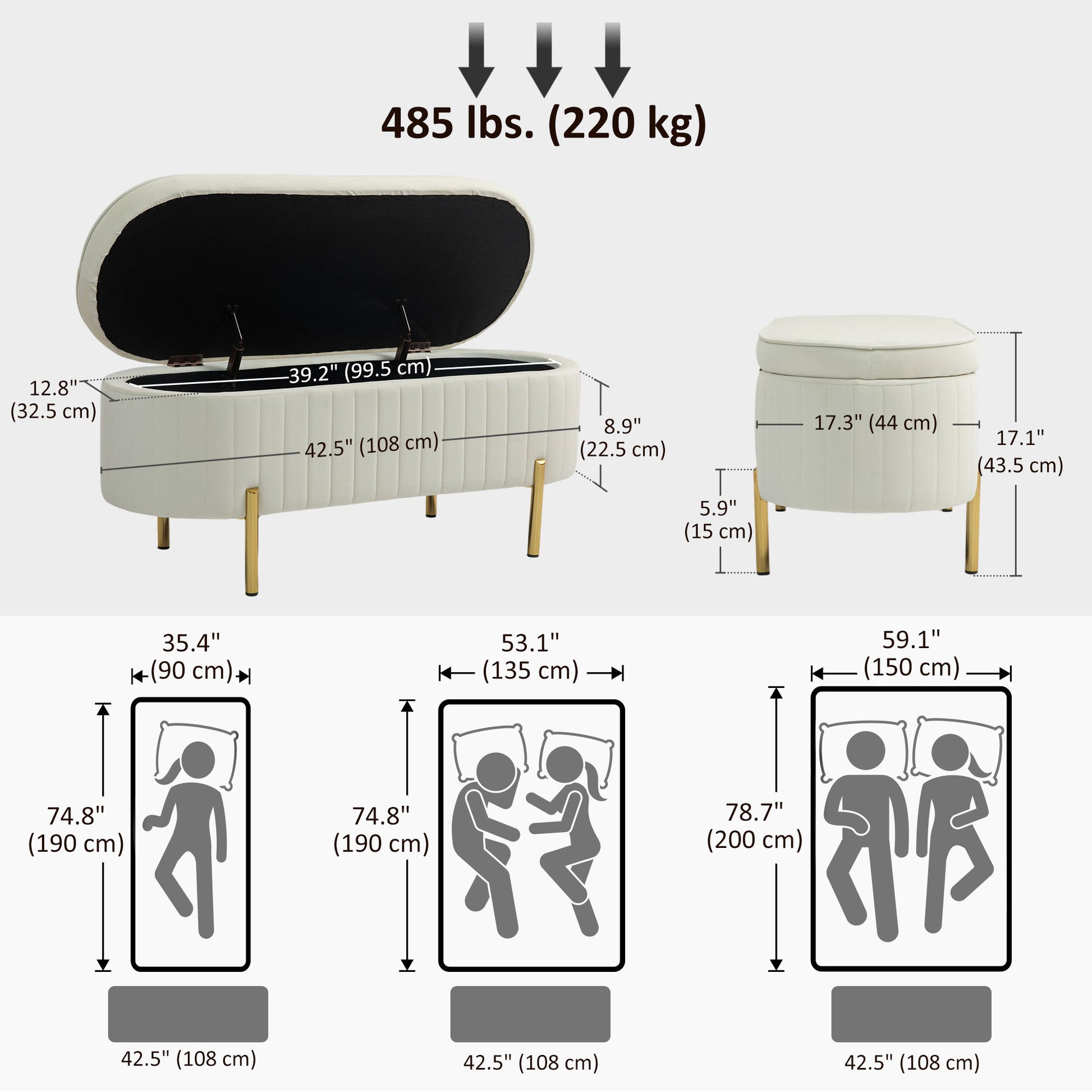 Upholstered Bedroom Bench, Channel Tufted Ottoman Bench with Thick Padding and Metal Legs, Cream White