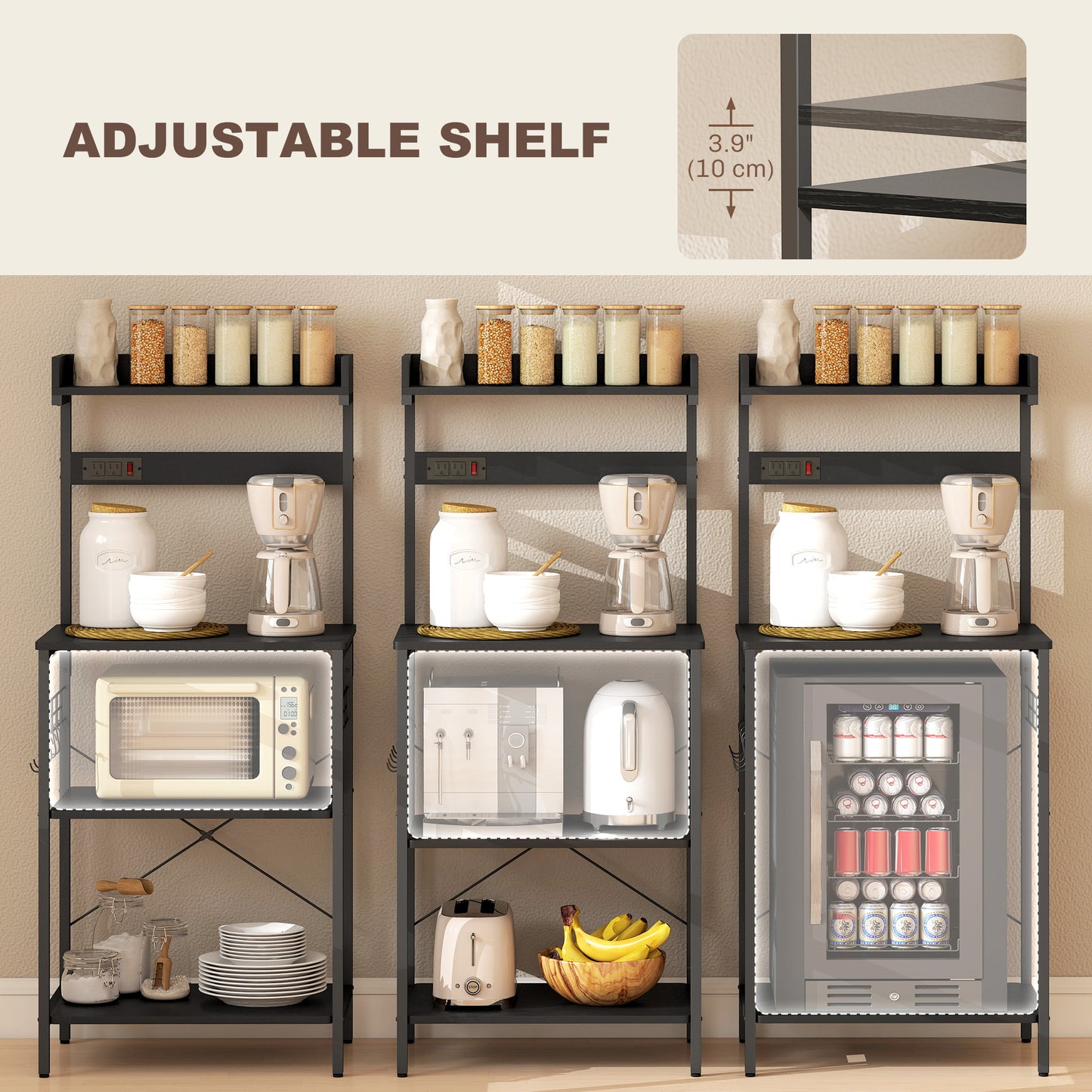Kitchen Baker's Rack with Power Outlet, Coffee Bar Station with Adjustable Shelves and Hooks, Distressed Black