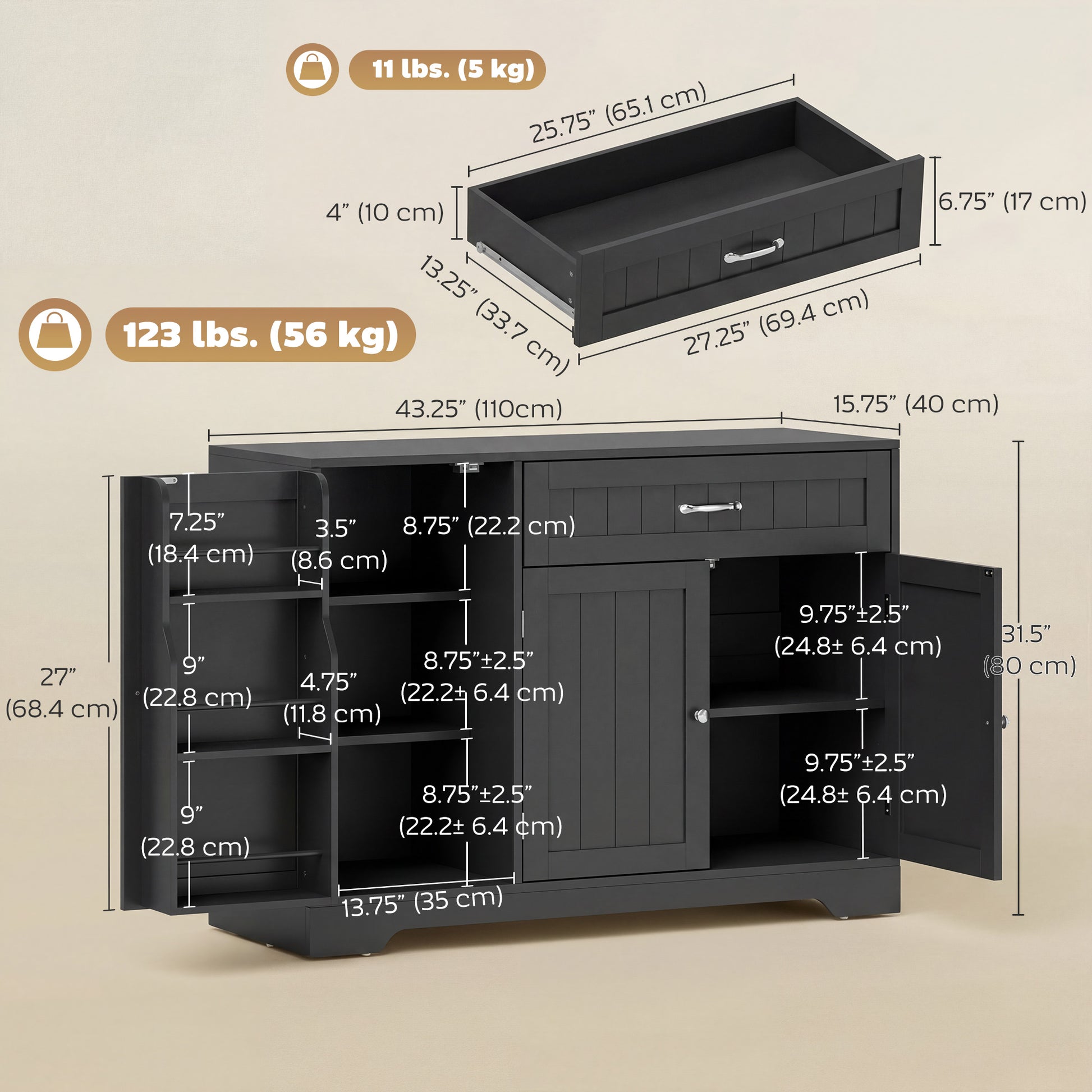 44" Modern Kitchen Storage Cabinet with Drawer, Adjustable Shelves, Small Kitchen Pantry with Door Racks, Black