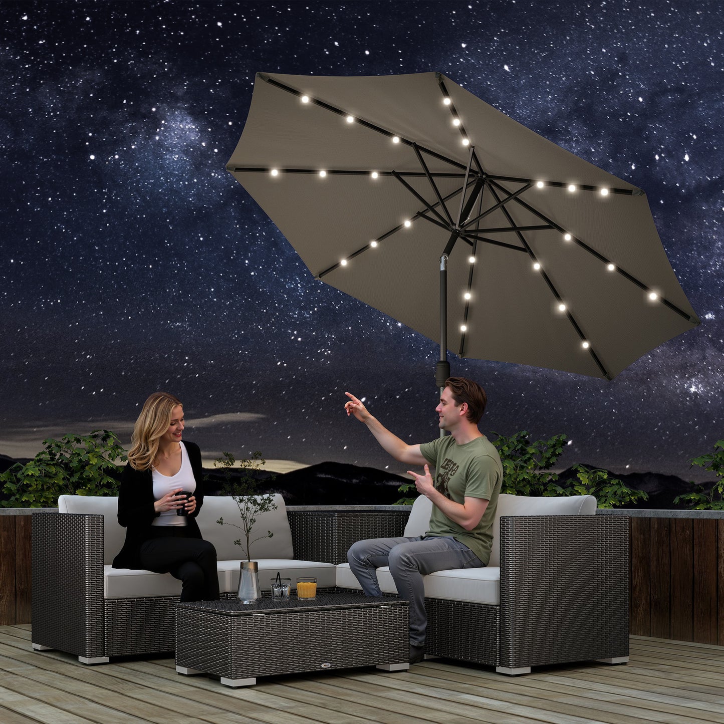 8.8 ft Solar Powered Outdoor Patio Umbrella Round Market Table Umbrella with Adjustable LED Lights Tilt Crank Dark Grey