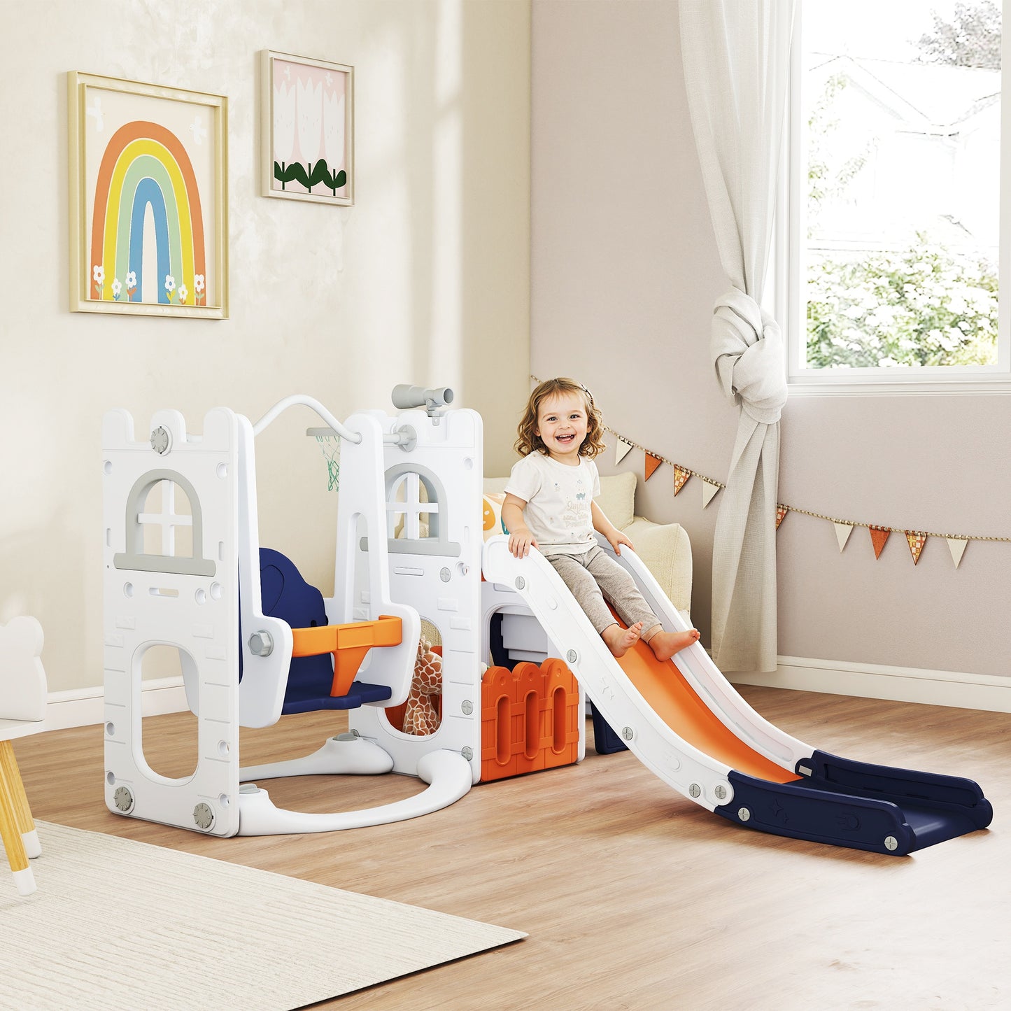 Qaba 6-in-1 Slide and Swing Set Baby Swing Playset Indoor with Basketball Hoop, Climber, Storage Space, Telescope, Orang