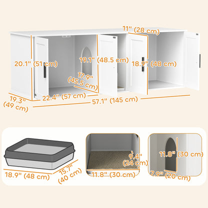 Cat Litter Box Enclosure with Double Room, Scratching Board for 2 Cats, 57" x 19" x 20", White