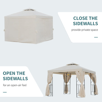 10' x 10' Patio Gazebo Outdoor, Canopy Shelter with Double-tier Roof, Pavilion Sidewalls for Garden Events, Cream White