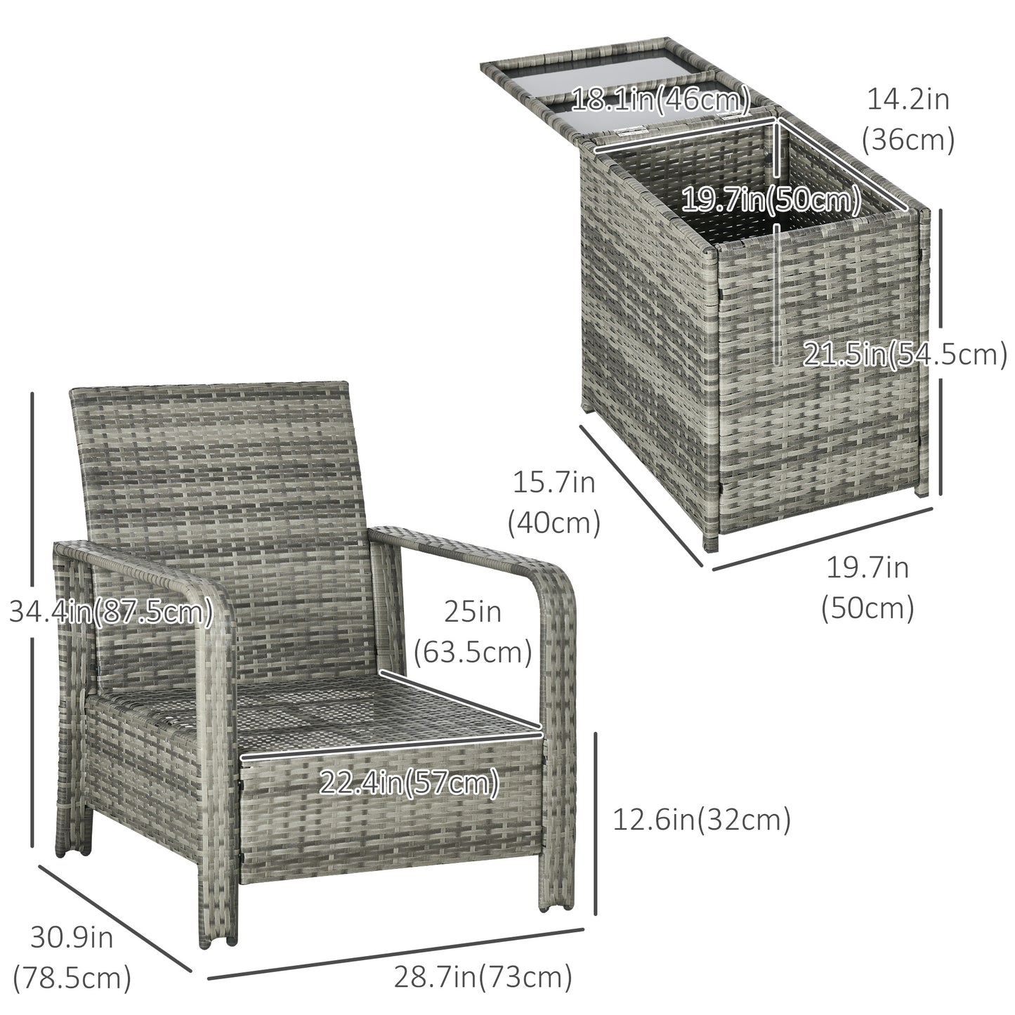 3 Pieces Wicker Patio Furniture Set, Rattan Bistro Set with Storage Coffee Table and Thickened Cushions, Outdoor Convers