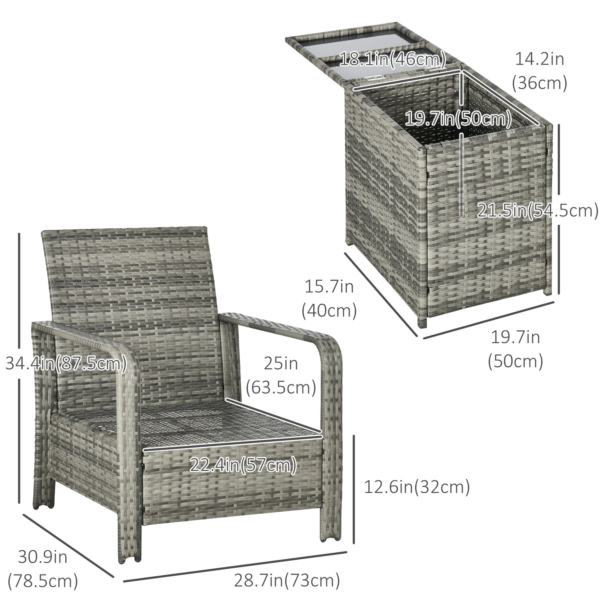 3 Pieces Wicker Patio Furniture Set, Rattan Bistro Set with Storage Coffee Table and Thickened Cushions, Outdoor Convers