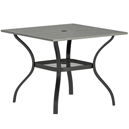 Outdoor Dining Table for 4, Square Patio Table with Umbrella Hole, Shelf, Slatted Faux Wood Steel Top, Grey