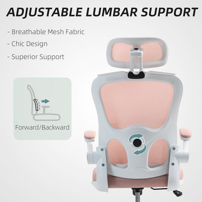 Mesh Office Chair, Ergonomic Desk Chair with Flip-up Armrest, Rotatable Headrest, Adjustable Lumbar Support, Pink
