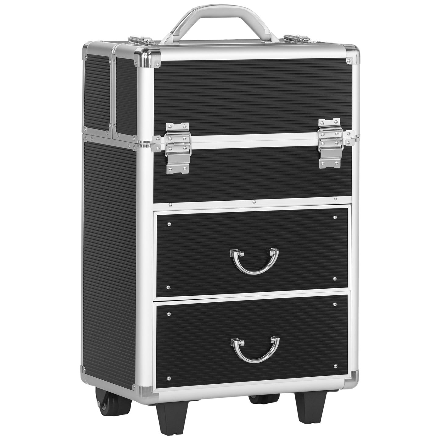 Aluminum Rolling Makeup Train Case, Portable Professional Cosmetic Makeup Case, Lockable Traveling Cart Trunk with Foldi