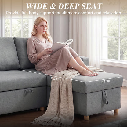 83" Sofa Bed, Pull Out Sleeper L Shaped Sectional Couch with Reversible Storage Chaise, Wide and Deep Seat, Light Grey