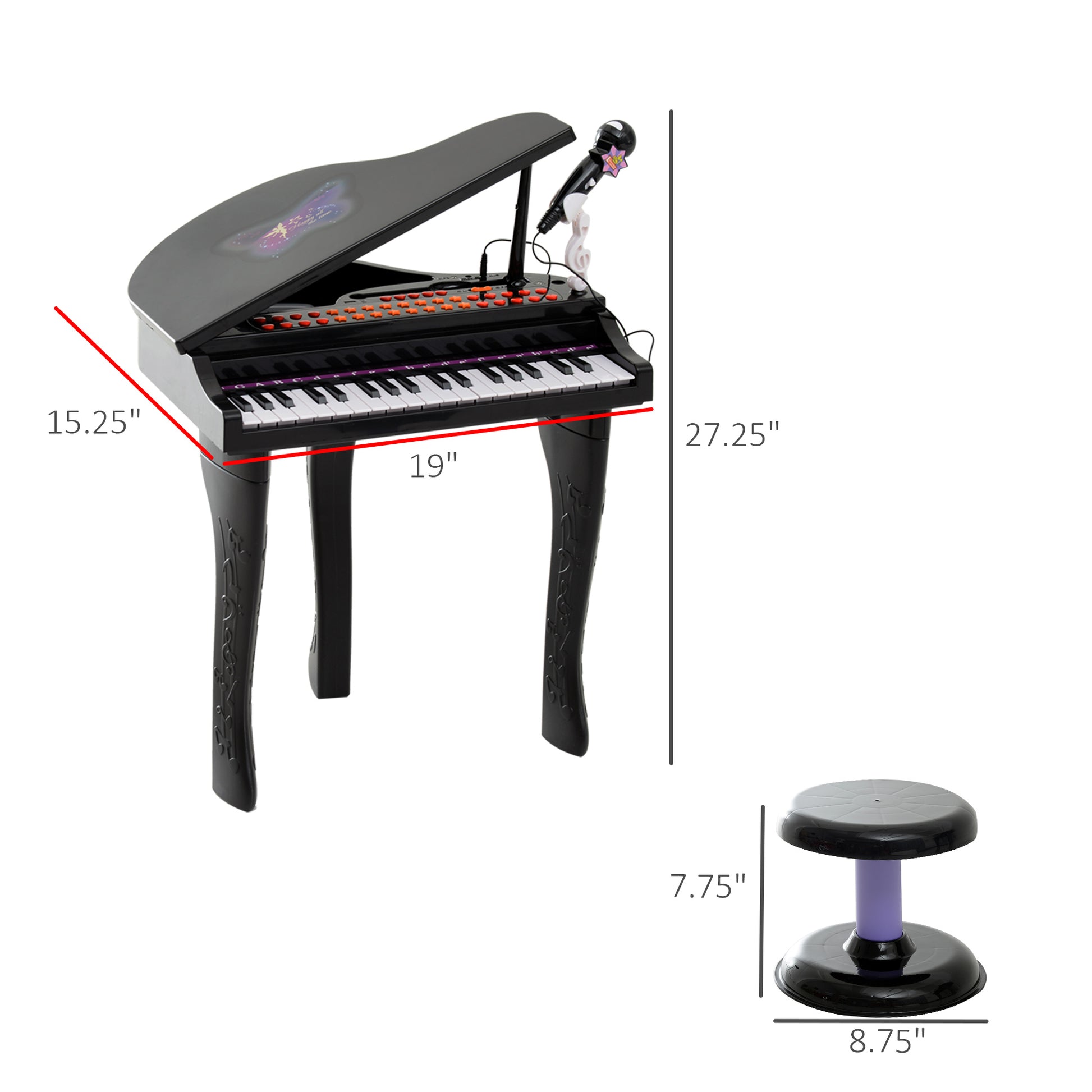 Qaba Mini Electronic Musical Piano 37 Key Keyboard Multifunction Kids Toy with Microphone Stool (Black)