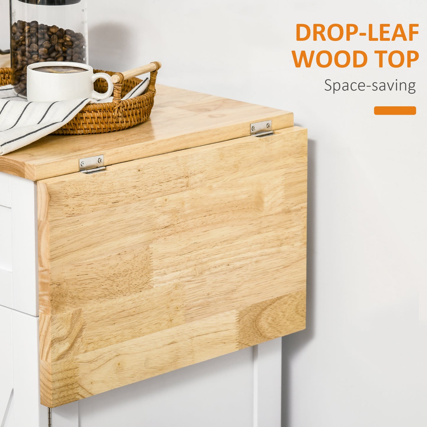 Foldable Kitchen Island with Storage Drawer, Farmhouse Style Rolling Utility Cart, Coffee Bar Cabinet on Wheels with Dro