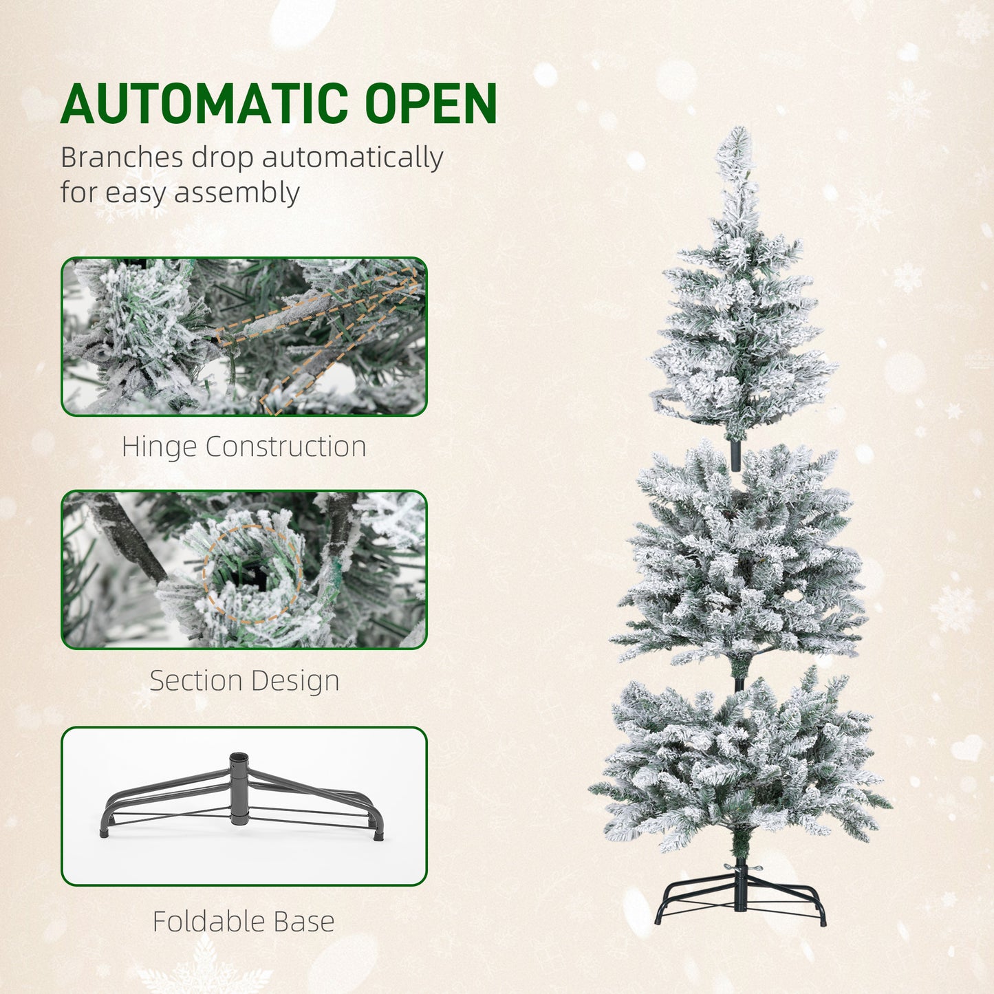5ft Flocked Christmas Tree with Dual Colour LED Light, Pencil Hinged Xmas Tree with 11 Light Modes, Easy Assembly