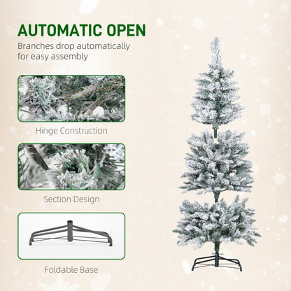 5ft Flocked Christmas Tree with Dual Colour LED Light, Pencil Hinged Xmas Tree with 11 Light Modes, Easy Assembly