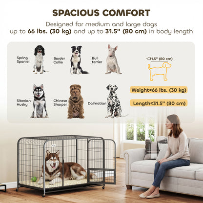 48 Inch Heavy Duty Dog Crate, Large Metal Dog Cage with Lockable Wheels and Removable Tray