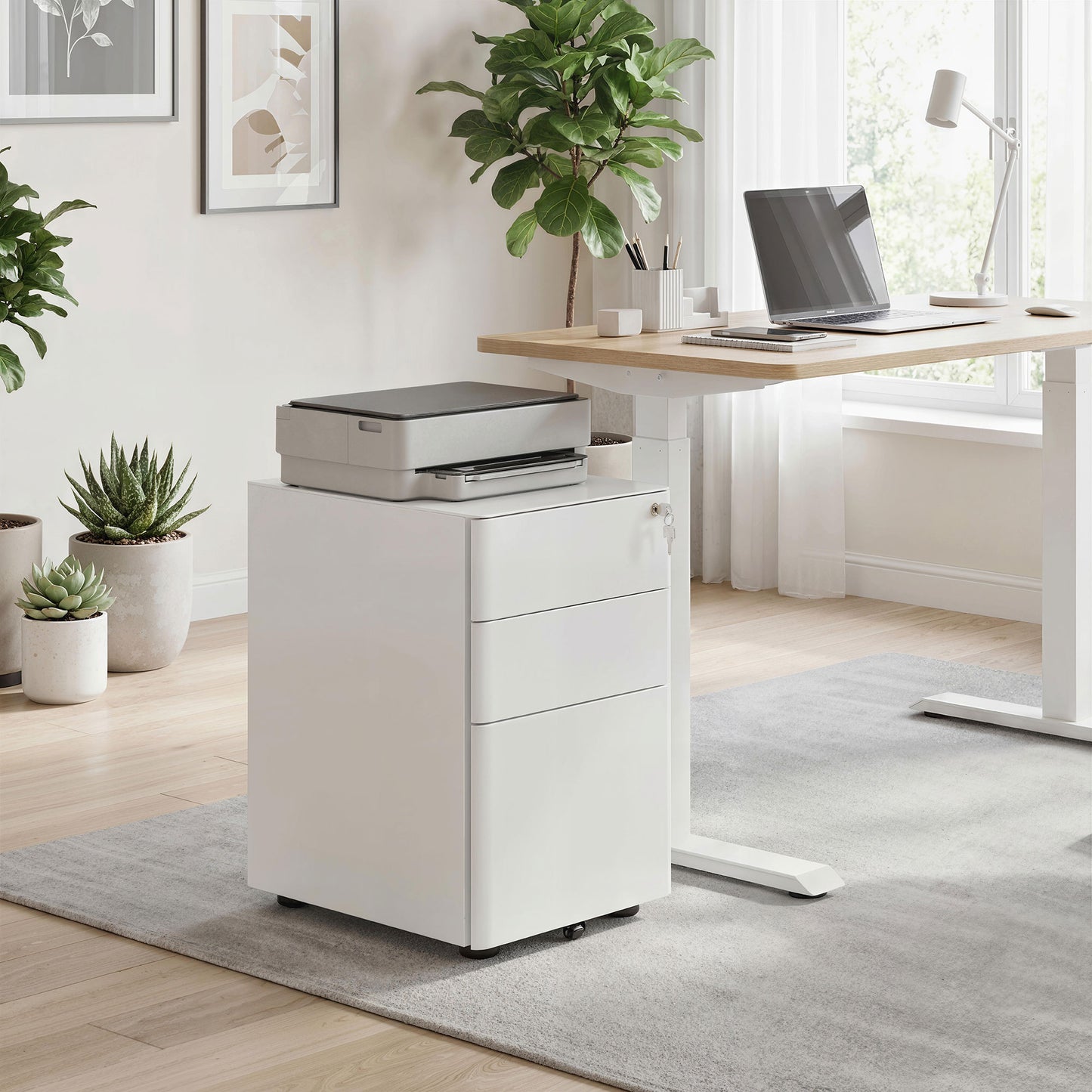 3 Drawer Filing Cabinet, Steel Home Office Storage Cabinet with Wheels, Lock for A4, Letters, Legal-sized Files, White