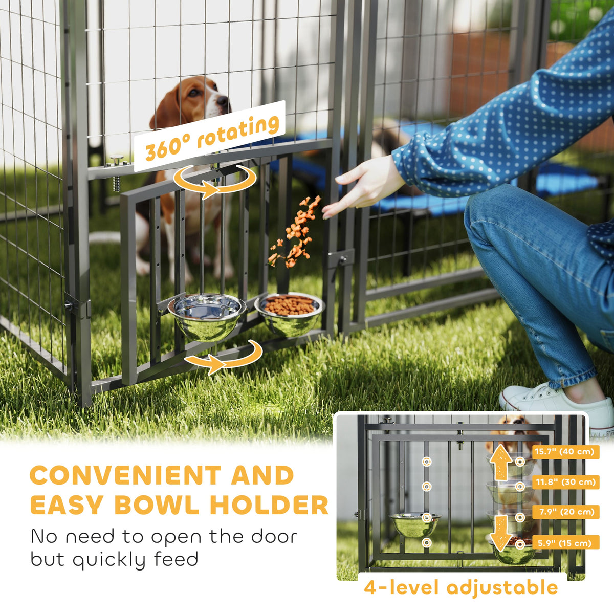 Outdoor Dog Kennel with Waterproof UV-Resistant Cover, Rotating & 4-Level Adjustable Feeding Bowls, 6 x 6 x 6 ft