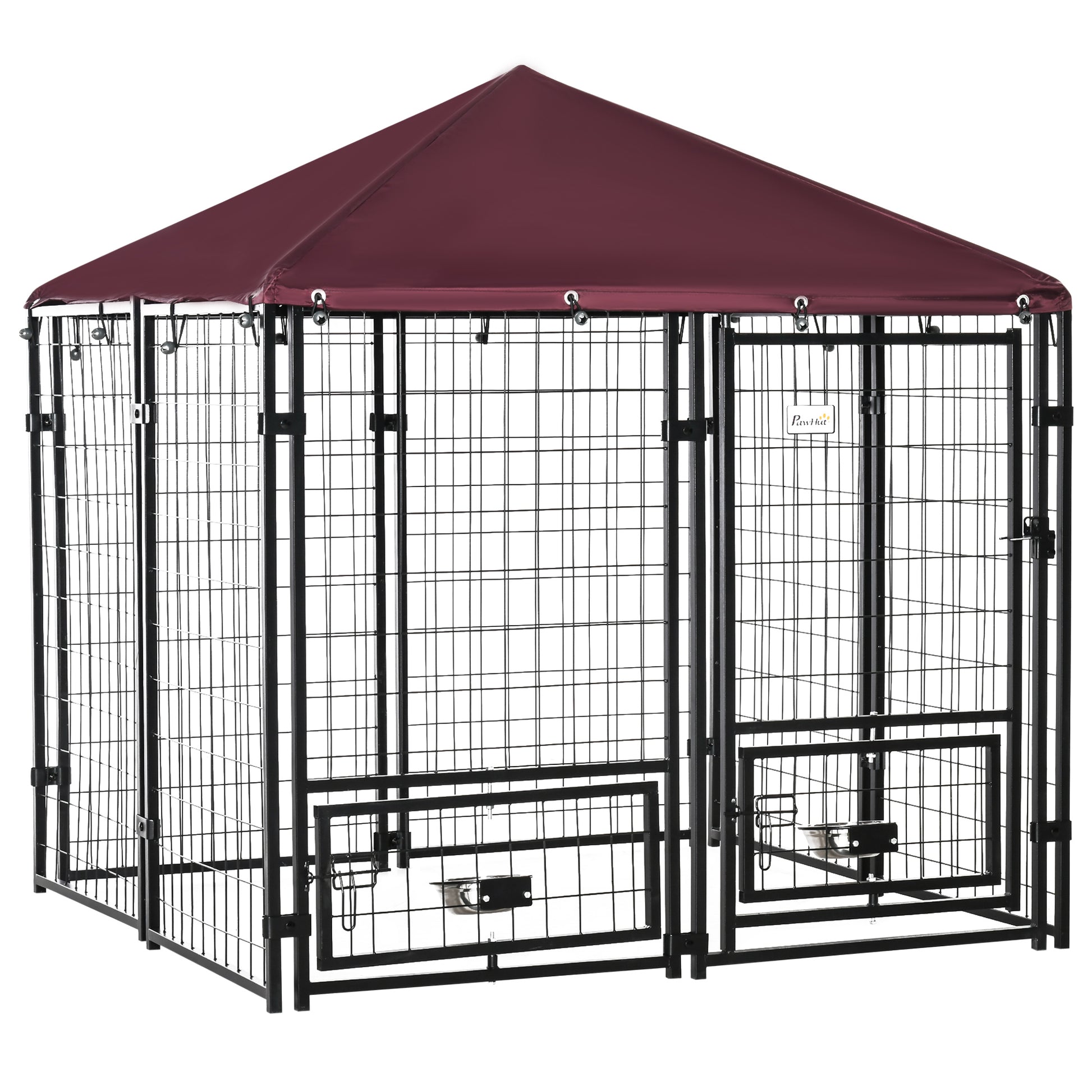 Outdoor Dog Kennel, Lockable Pet Playpen Crate, Welded Wire Steel Fence, Rotating Bowl Holders, Red